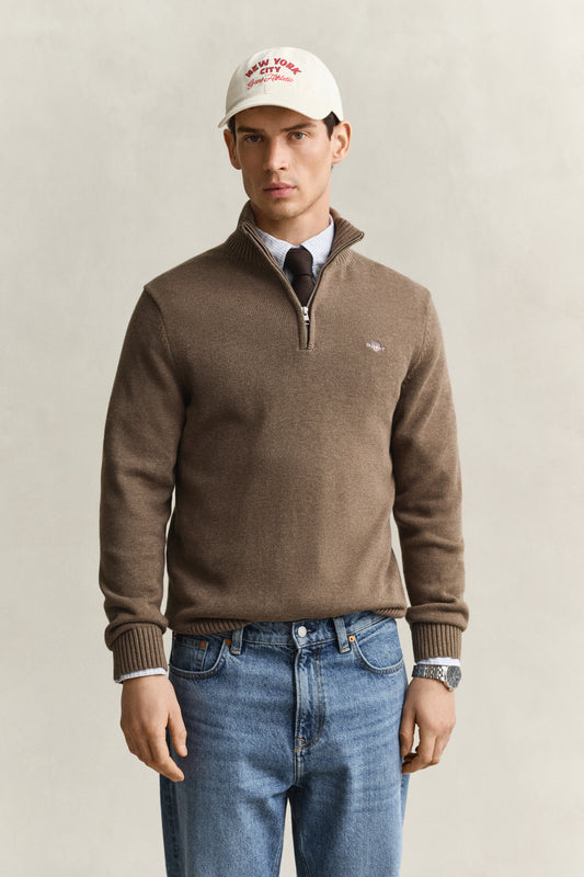 Bawełniana bluza męska half zip brązowa