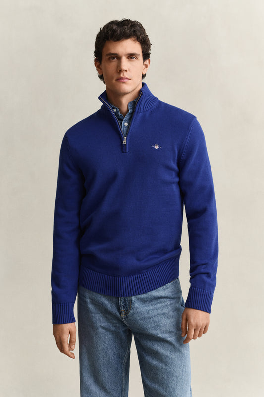 Bawełniany sweter męski half zip niebieski