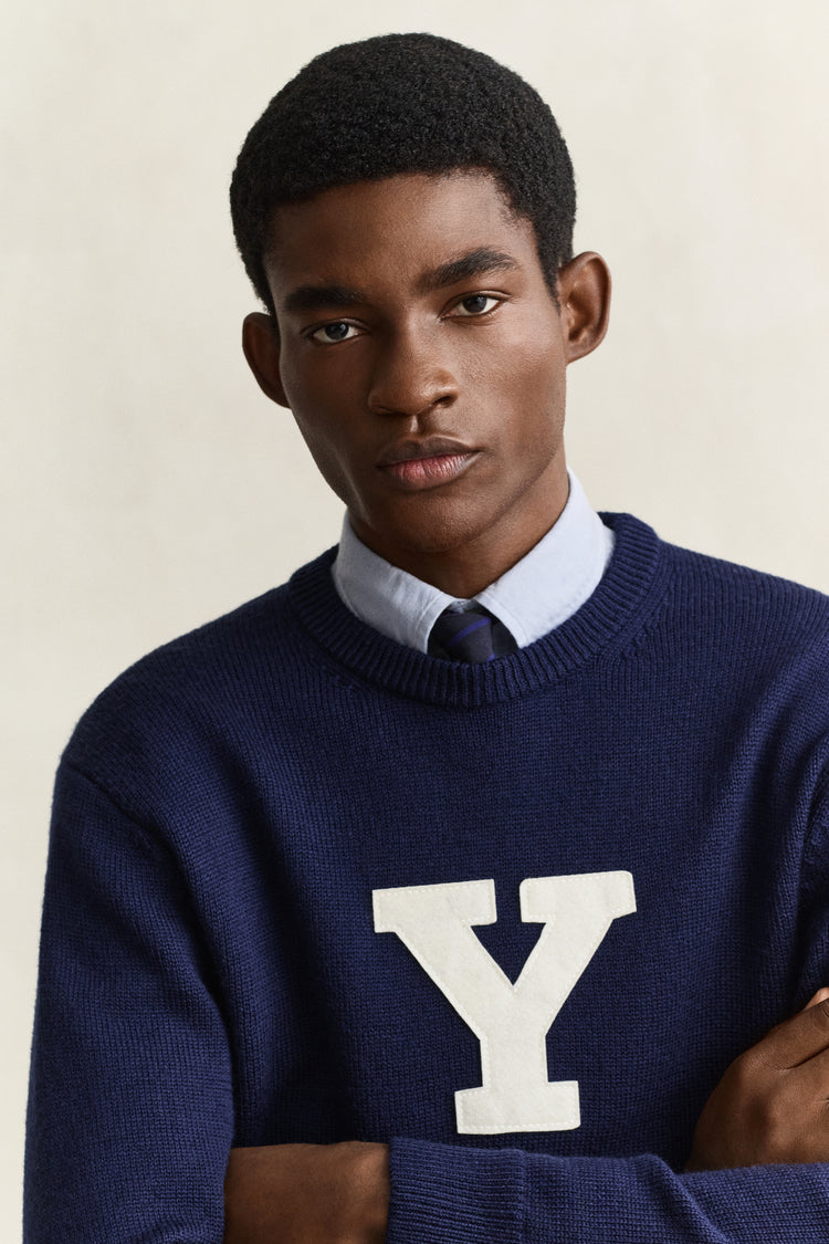Wełniany sweter Yale męski z okrągłym kolnierzykiem granatowy