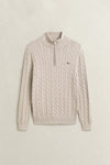 Bawełniany sweter męski w warkocze half zip beżowy