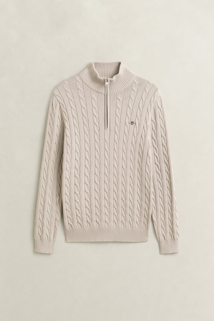 Bawełniany sweter męski w warkocze half zip beżowy