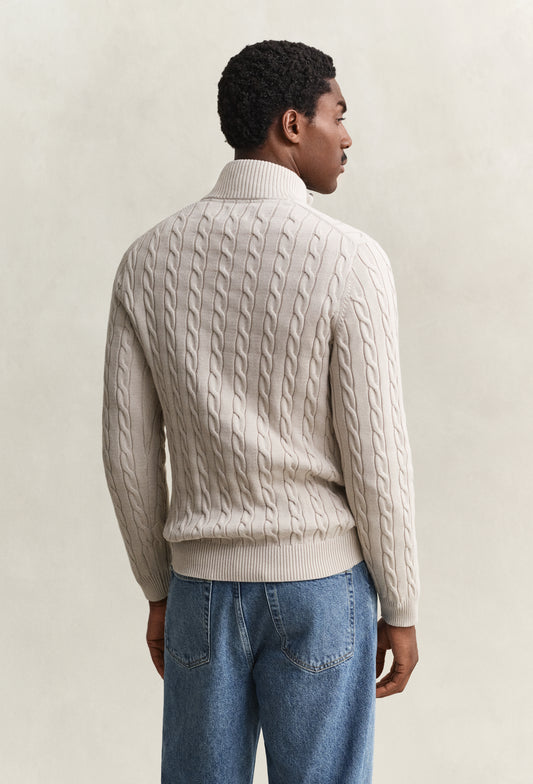 Bawełniany sweter męski w warkocze half zip beżowy