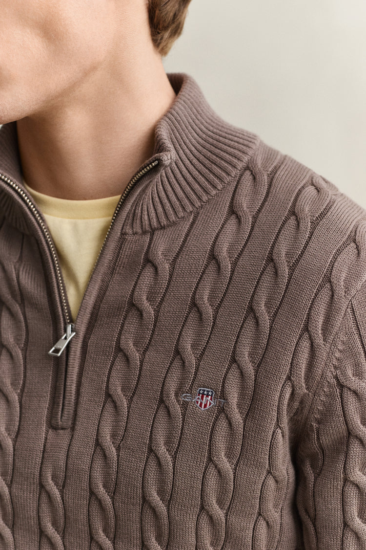Bawełniany sweter męski w warkocze half zip beżowy