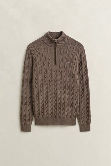 Bawełniany sweter męski w warkocze half zip beżowy