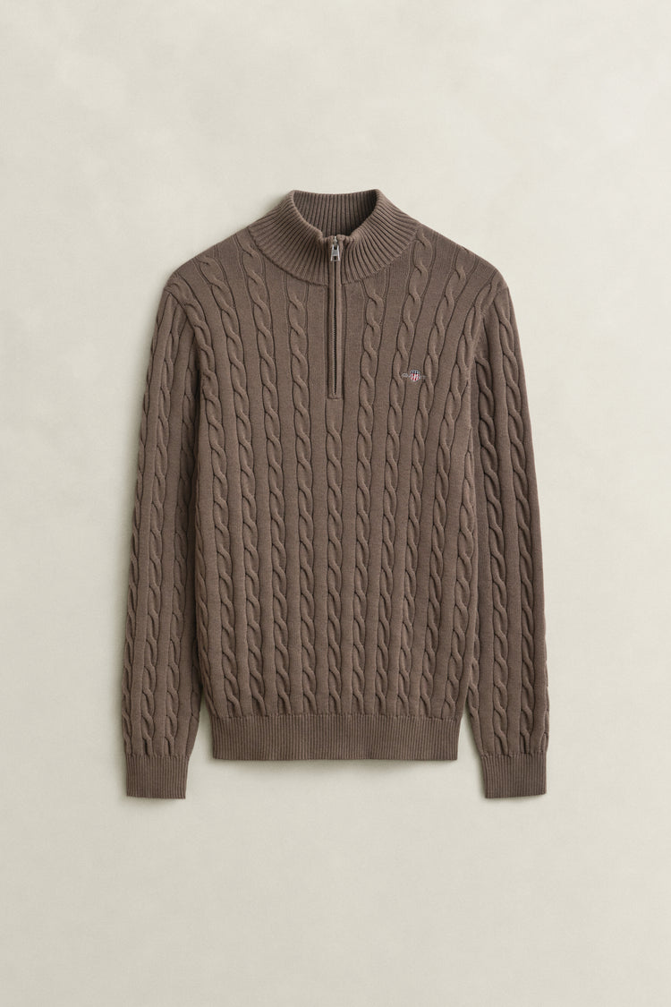 Bawełniany sweter męski w warkocze half zip beżowy