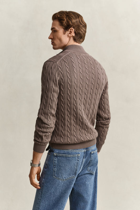 Bawełniany sweter męski w warkocze half zip beżowy