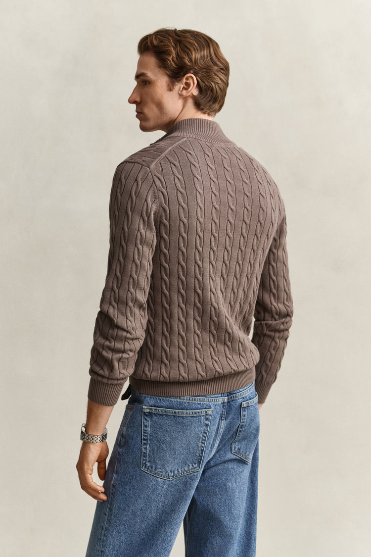Bawełniany sweter męski w warkocze half zip beżowy