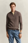 Bawełniany sweter męski w warkocze half zip beżowy