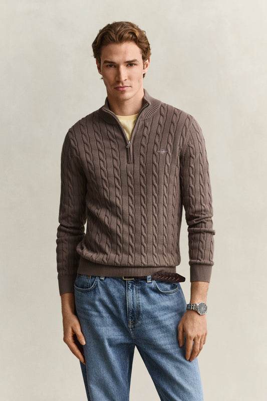 Bawełniany sweter męski w warkocze half zip beżowy