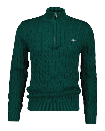 Bawełniany sweter męski w warkocze half zip zielony