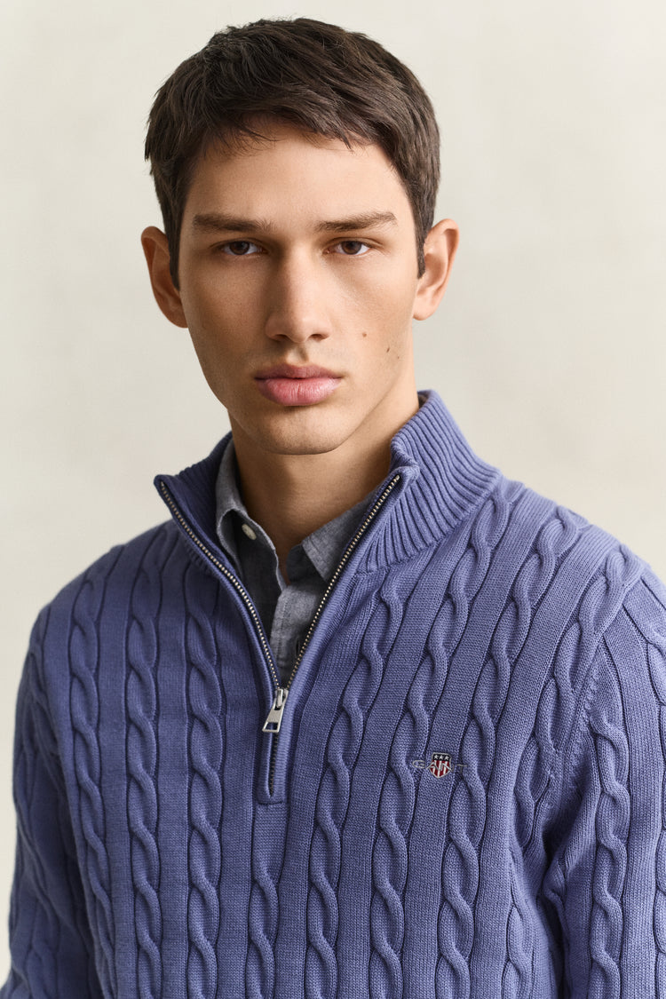 Bawełniany sweter męski half zip regular fit niebieski