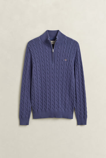Bawełniany sweter męski half zip regular fit niebieski