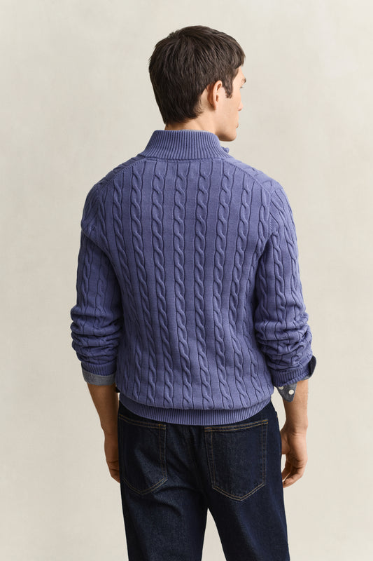 Bawełniany sweter męski half zip regular fit niebieski