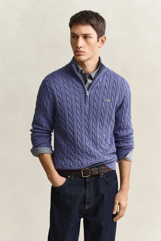 Bawełniany sweter męski half zip regular fit niebieski