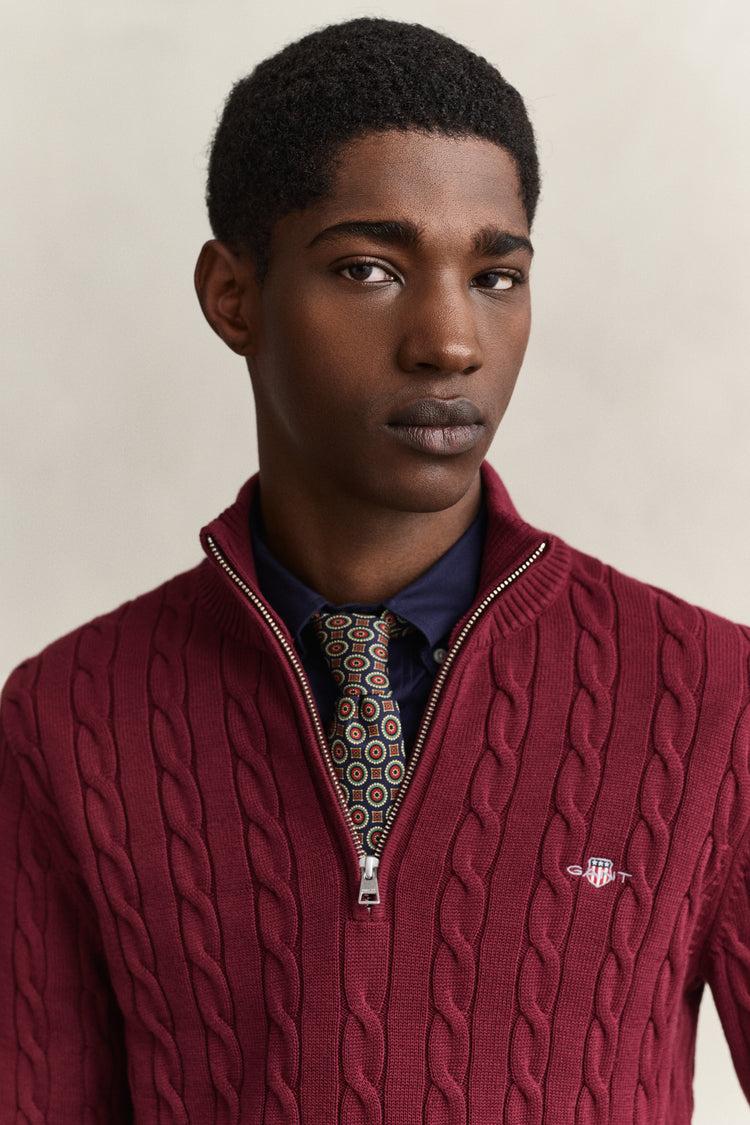 Bawełniany sweter męski half zip regular fit bordowy