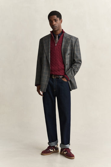 Bawełniany sweter męski half zip regular fit bordowy
