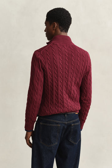 Bawełniany sweter męski half zip regular fit bordowy