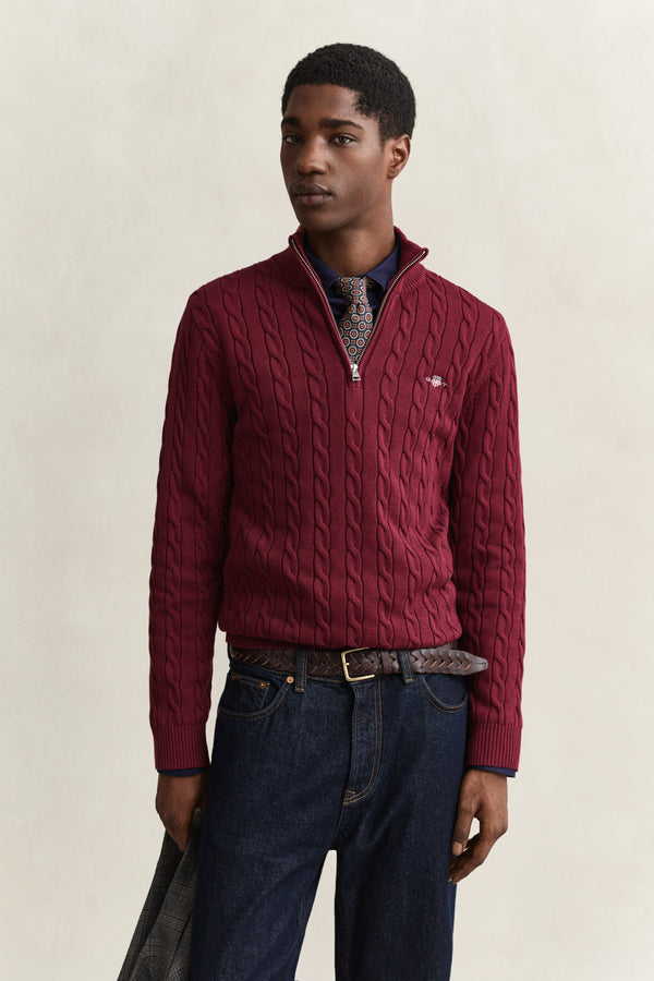 Bawełniany sweter męski half zip regular fit bordowy
