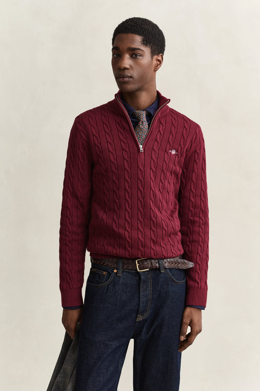 Bawełniany sweter męski half zip regular fit bordowy