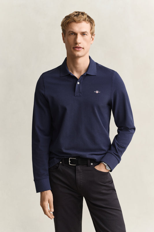 Koszulka polo męska z długim rękawem regular fit granatowa