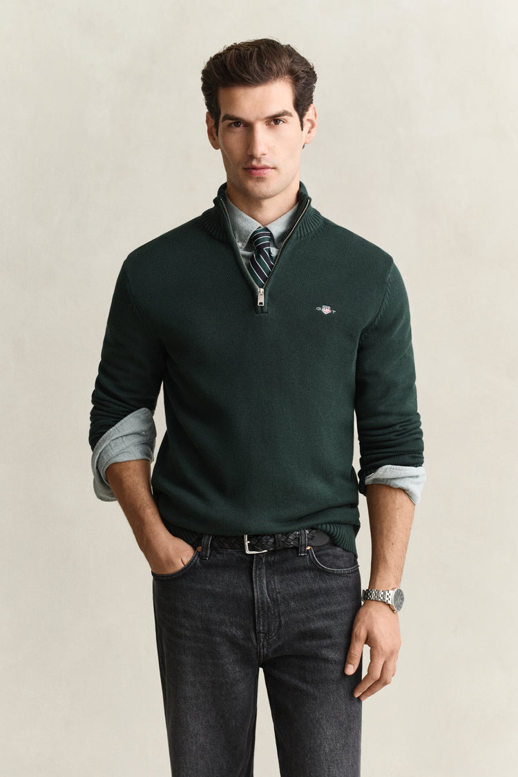 Sweter męski z zamkiem do połowy regular fit zielony
