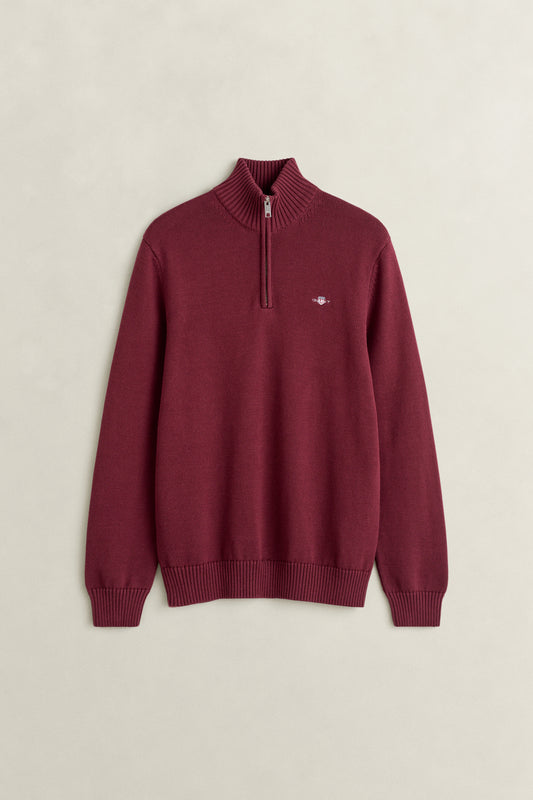 Bawełniany sweter męski half zip bordowy