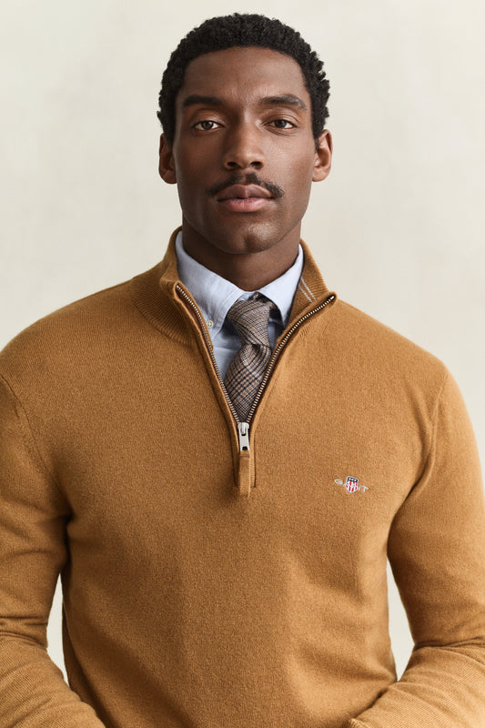 Sweter z wełny jagnięcej męski regular fit brązowy