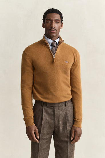 Sweter z wełny jagnięcej męski regular fit brązowy