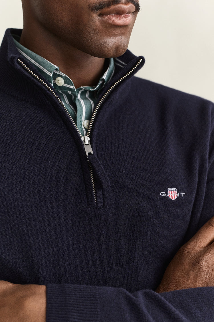 Sweter z wełny jagnięcej męski okrągły kołnierzyk regular fit granatowy