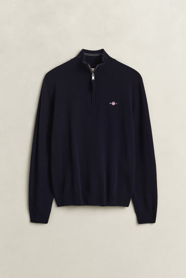 Sweter z wełny jagnięcej męski okrągły kołnierzyk regular fit granatowy