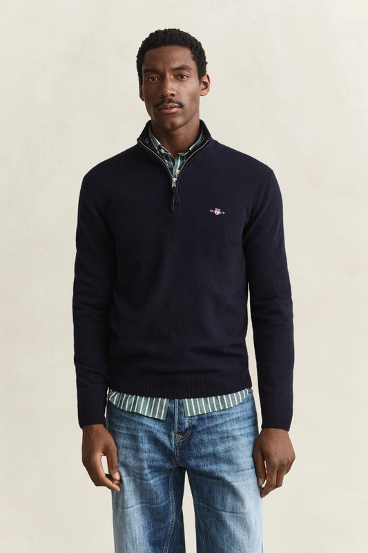 Sweter z wełny jagnięcej męski okrągły kołnierzyk regular fit granatowy