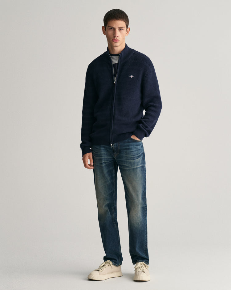 Bawełniany teksturowany kardigan w paski z zamkiem błyskawicznym