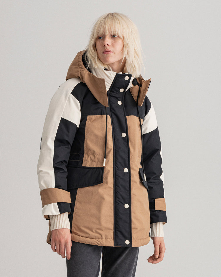 Parka damska puchowa kolorowa w kolorowe bloki