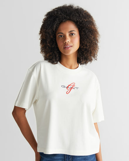 Koszulka damska z nadrukiem okrągły kołnierzyk relaxed fit kremowa