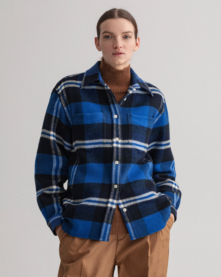 Koszula damska w kratkę z długim rękawem oversize fit niebieska