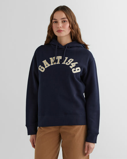 Bawełniana bluza damska z nadrukiem z kapturem loose fit granatowa