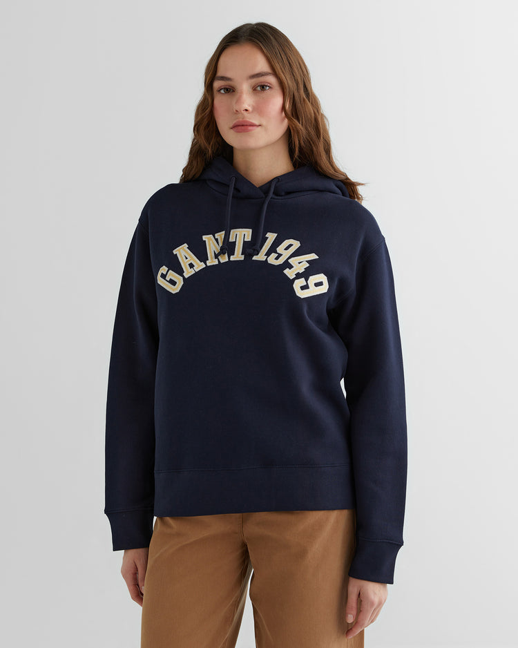 Bawełniana bluza damska z nadrukiem z kapturem loose fit granatowa