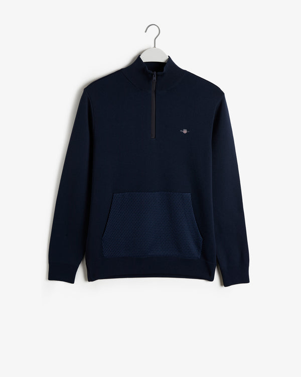 Sweter męski z nadrukiem z zamkiem do połowy regular fit granatowy