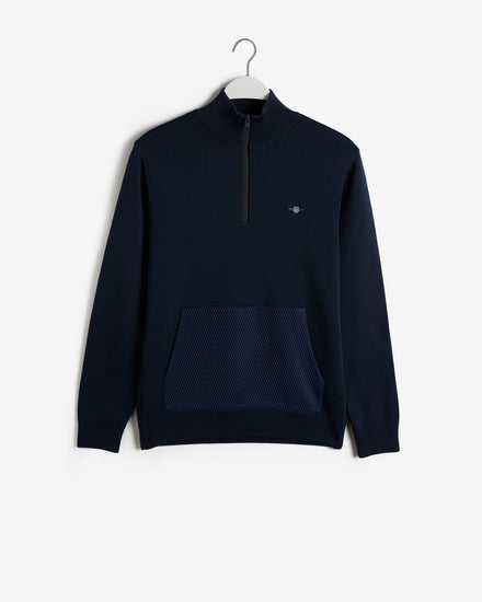 Sweter męski z nadrukiem z zamkiem do połowy regular fit granatowy