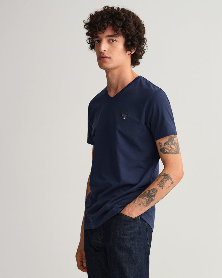 Bawełniany t-shirt męski z dekoltem V slim fit granatowy
