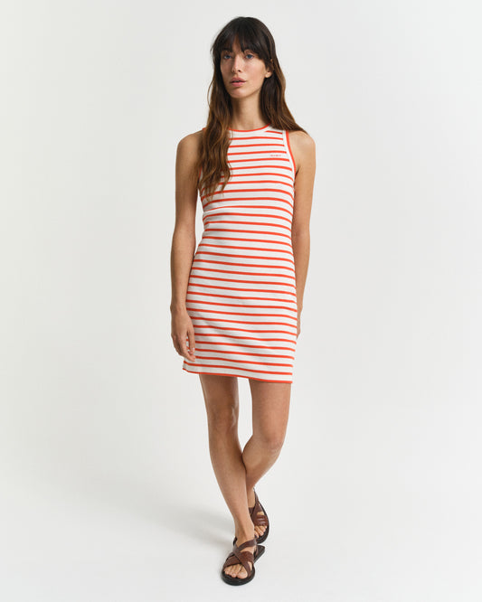 Sukienka damska w paski bez rękawów z okrągłym kołnierzykiem slim fit