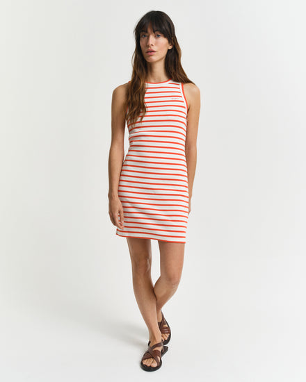 Sukienka damska w paski bez rękawów z okrągłym kołnierzykiem slim fit
