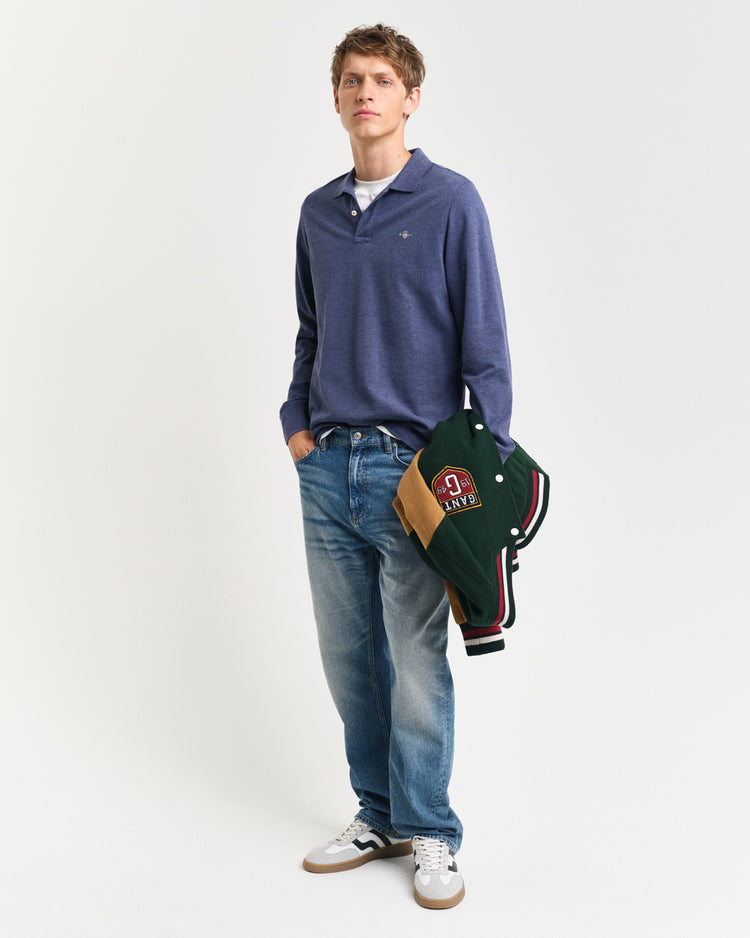 Bawełniane polo męskie z długim rękawem regular fit niebieskie