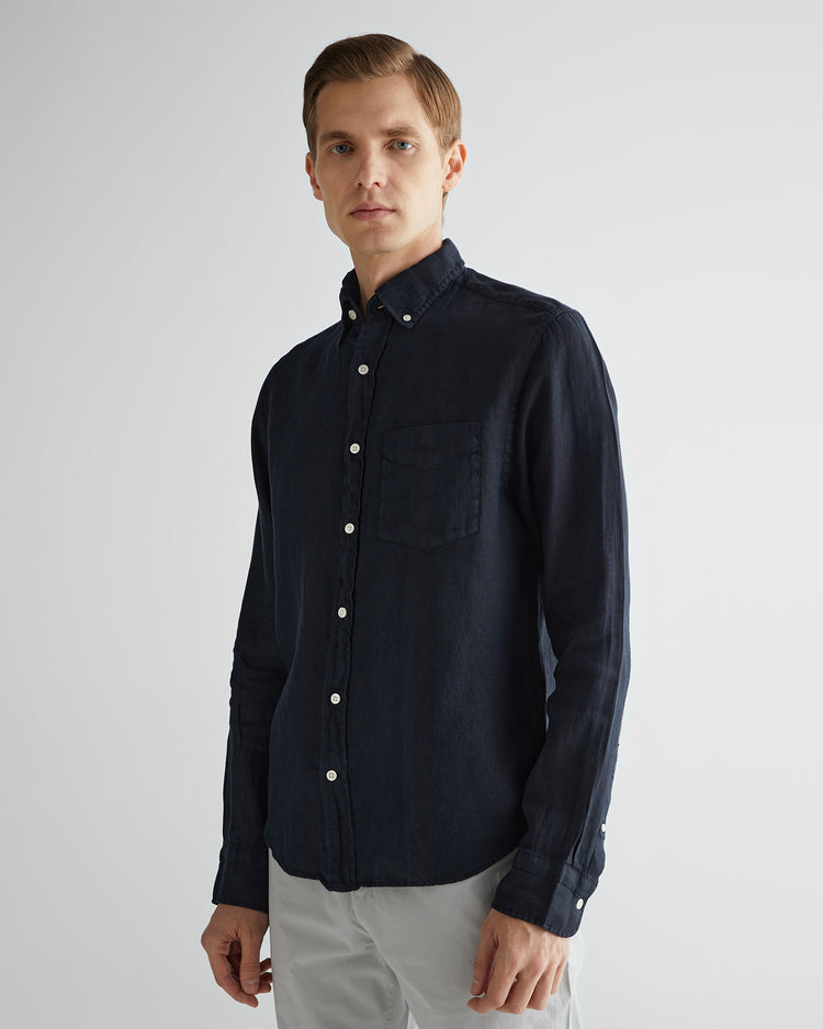 Lniana koszula męska z długim rękawem regular fit czarna