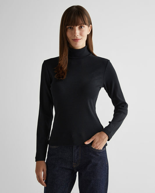 Koszulka damska z golfem z długim rękawem regular fit czarna