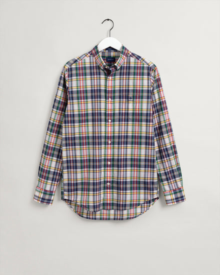 Męska beżowa koszula w kratę z kołnierzykiem button-down o regularnym kroju