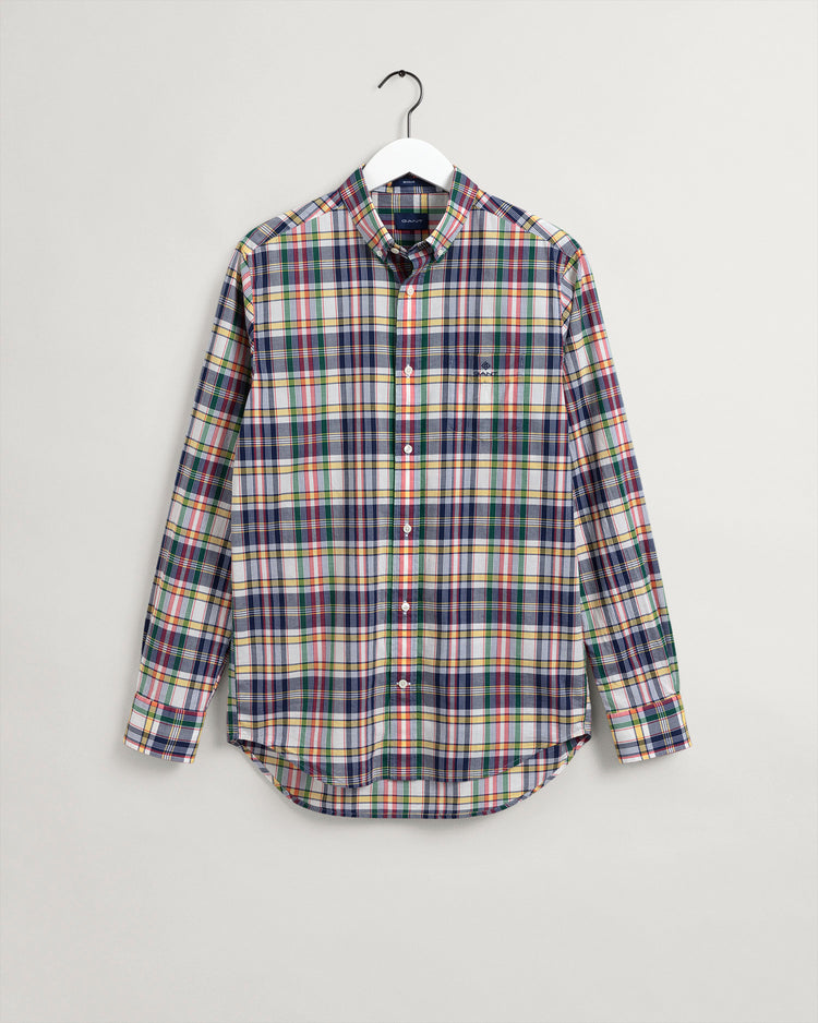 Męska beżowa koszula w kratę z kołnierzykiem button-down o regularnym kroju