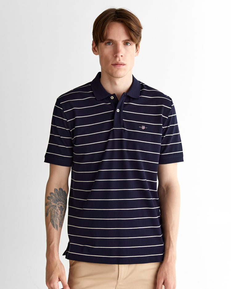 Polo męskie w paski z krótkim rękawem regular fit granatowe