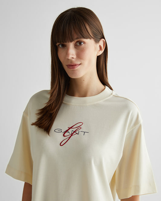 T-shirt damski z nadrukiem okrągły kołnierzyk relaxed fit kremowy