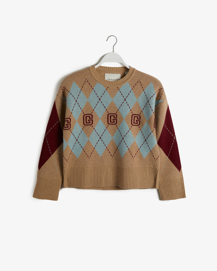 Sweter damski z nadrukiem z długim rękawem regular fit brązowy